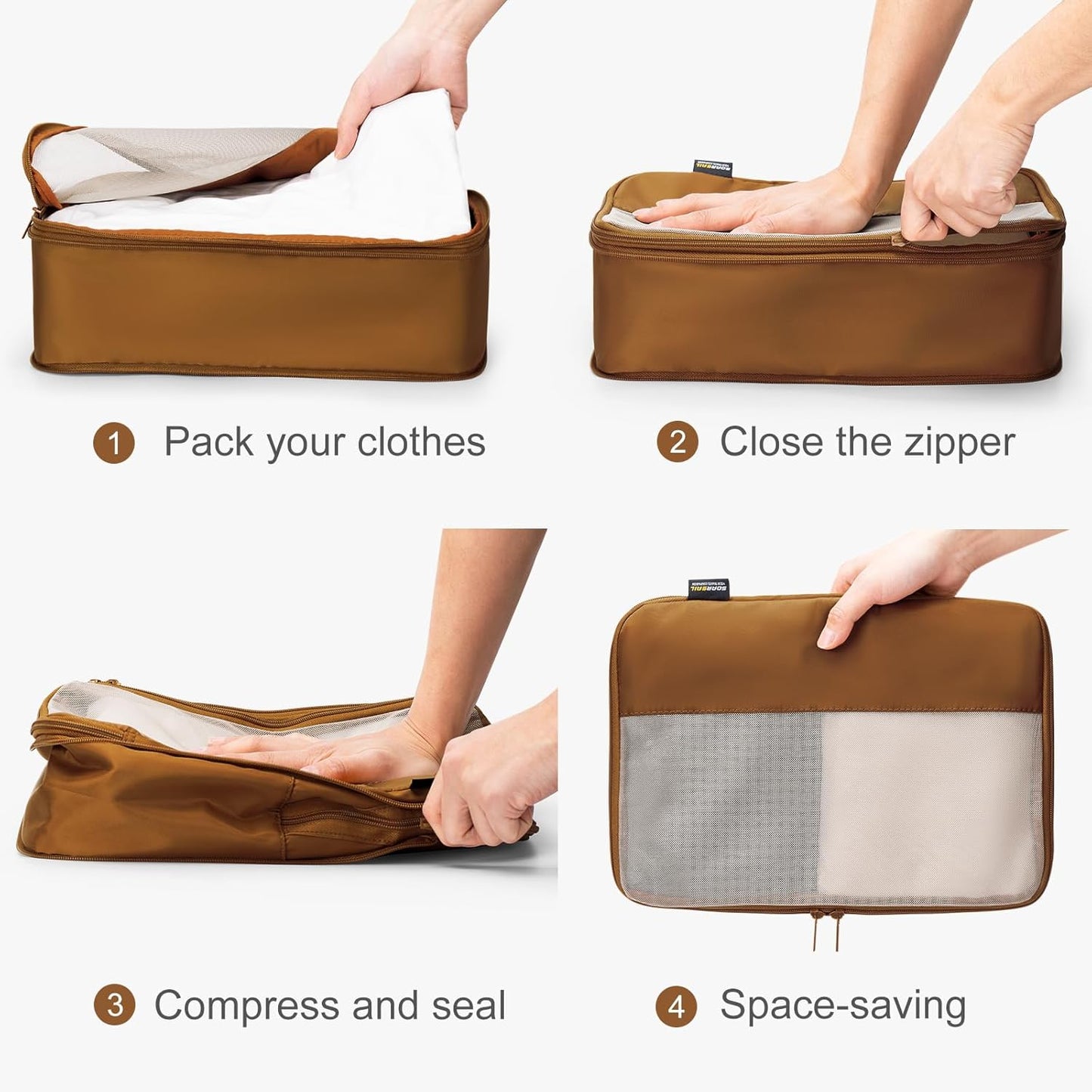 4 Set Compression Packing Cubes for Travel, Suitcases and Backpack Space Saving Organizers (Dark Brown)