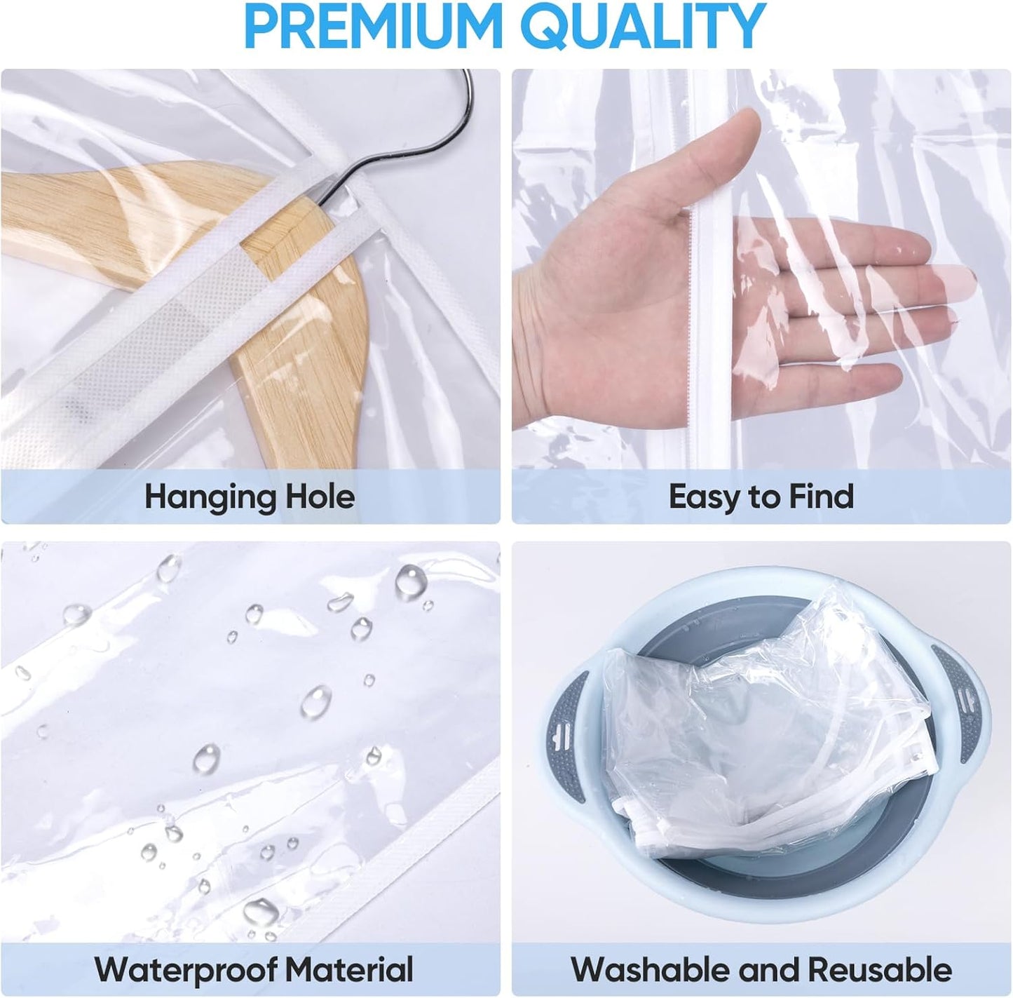 BALEINE 60'' Clear Garment Bags, 12 Packs PEVA Dress Bag for Closet Clothes Dresses Suit Coats Storage (Clear, 12PK)