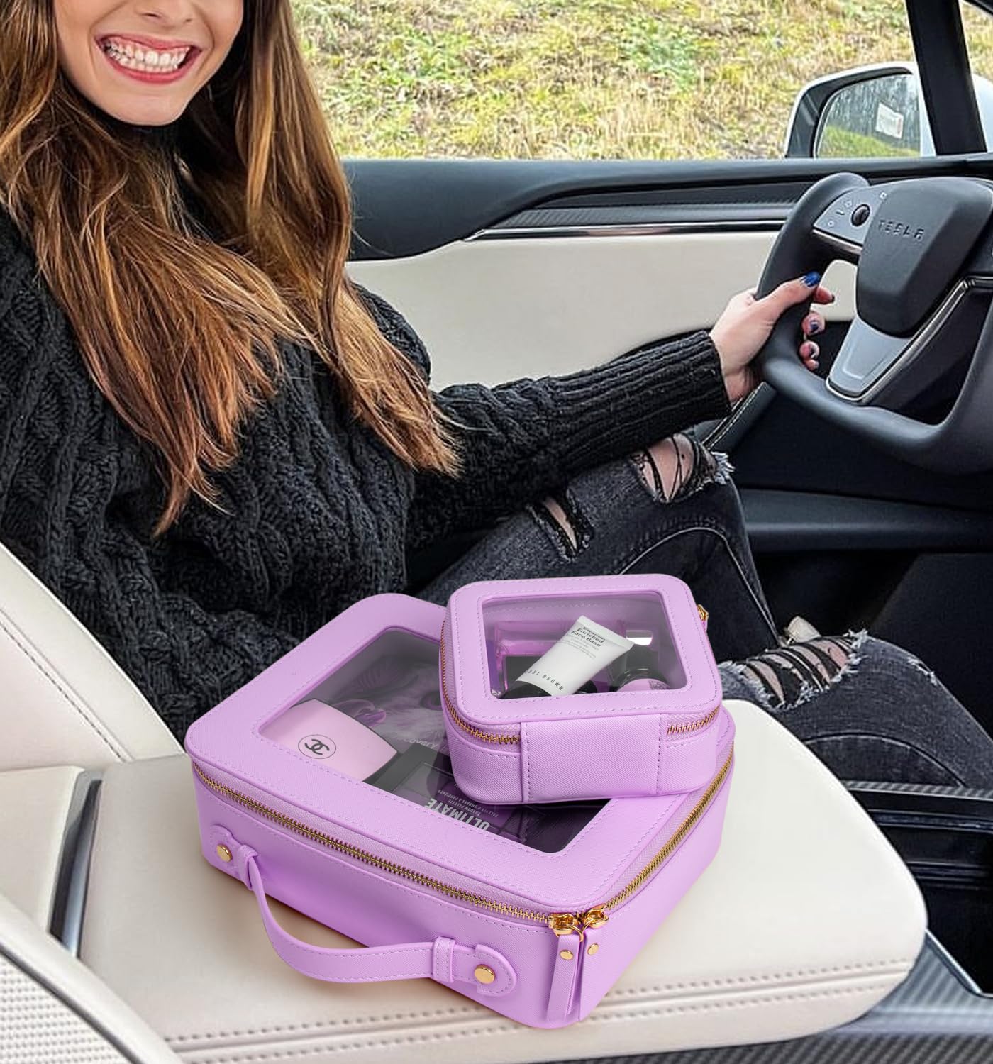 LETGO Clear Makeup Bags Set - TSA Approved Toiletry Bag with Handle Large Opening, Clear Toiletry Bags Case Pouch for Travel Essentials Car Accessories for Women Men (Large-Purple)