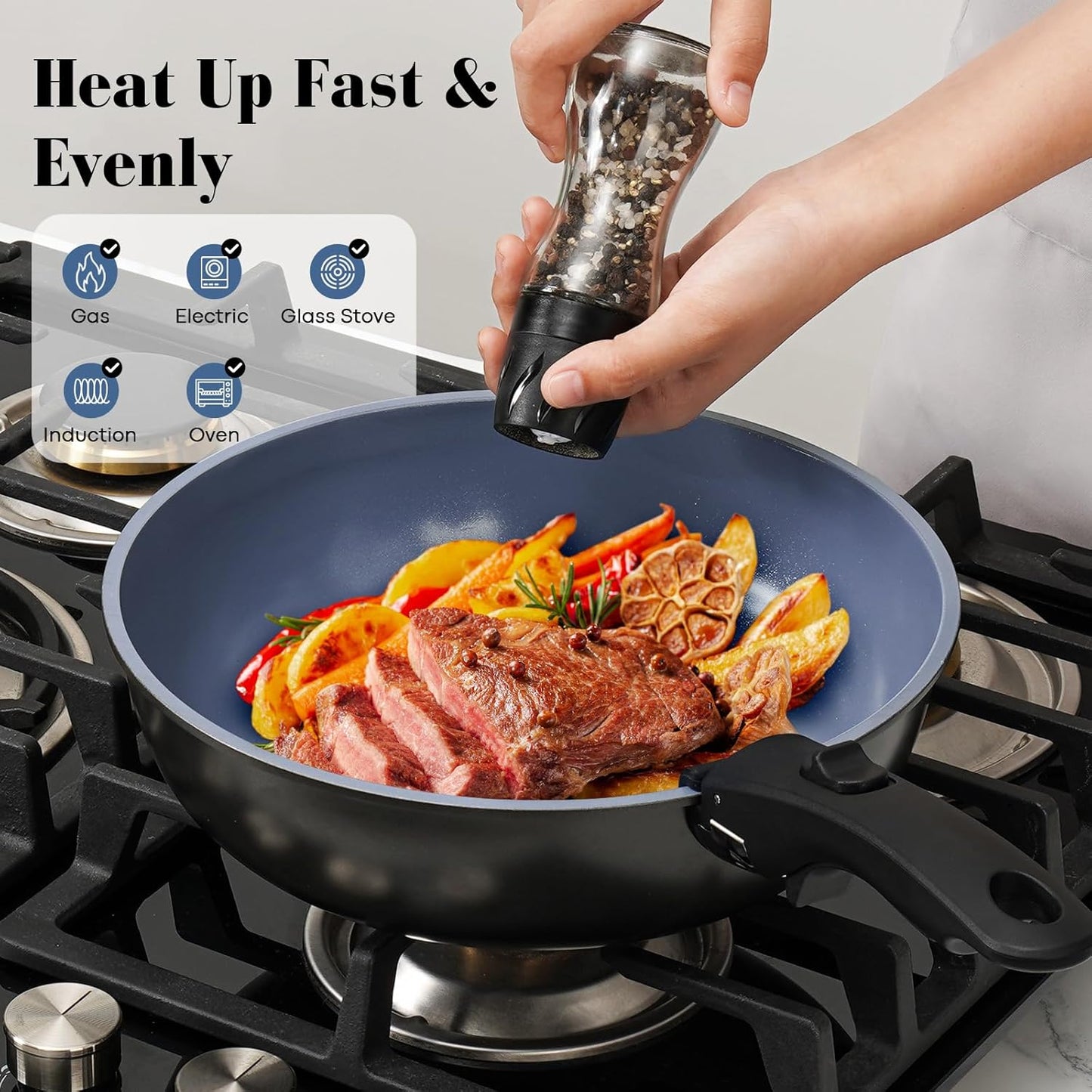 15 Pcs Pots and Pans Set Non Stick, Detachable Handle Ceramic Cookware Sets Nonstick, Non Toxic Induction RV Kitchen Cooking Set with Removable Handles, Dishwasher/Oven Safe, Easy Clean