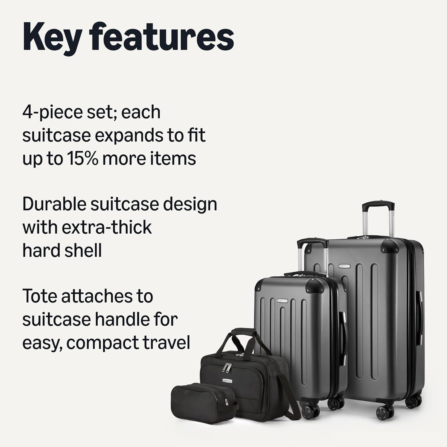 Amazon Basics 4-Piece Luggage Set, Including Two Hardside Suitcases With Multi-directional Spinner Wheels (22" Carry-On and 28" Checked), One 15-inch Tote Bag and One 10-inch Compact Travel Bag, Black