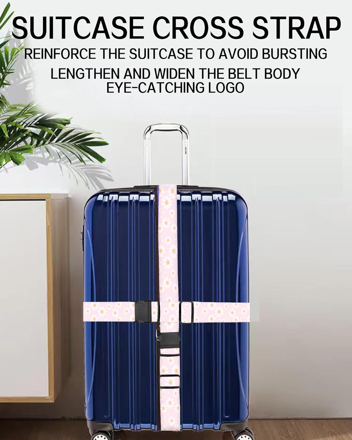 Luggage Straps for Suitcases, Adjustable Travel Belt, Durable Wide Luggage Strap, Cute Suitcase Strap Identifiers with Buckle, Bag Straps for Luggage, Cute Pink Daisy