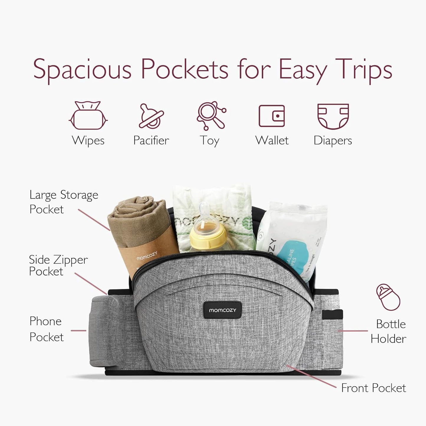 Momcozy Hip Seat Baby Carrier - Adjustable Waistband with Original 3D Belly Protector, Ergonomic Carrier with Various Pockets for Newborns & Toddlers up to 45lbs (Grey, Large)