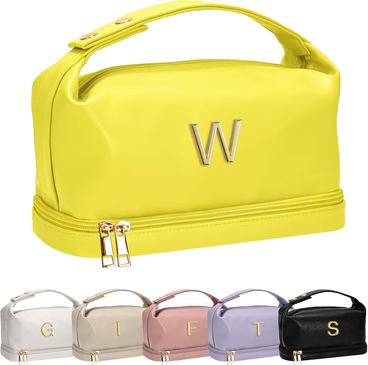 Women Gift Ideas, Personalized Makeup Bag with Handle, Initial Double Layer Cosmetic Bag with Makeup Brush Organizer, Cute Cosmetic Pouch for Women, Gifts for Friends Female Mom