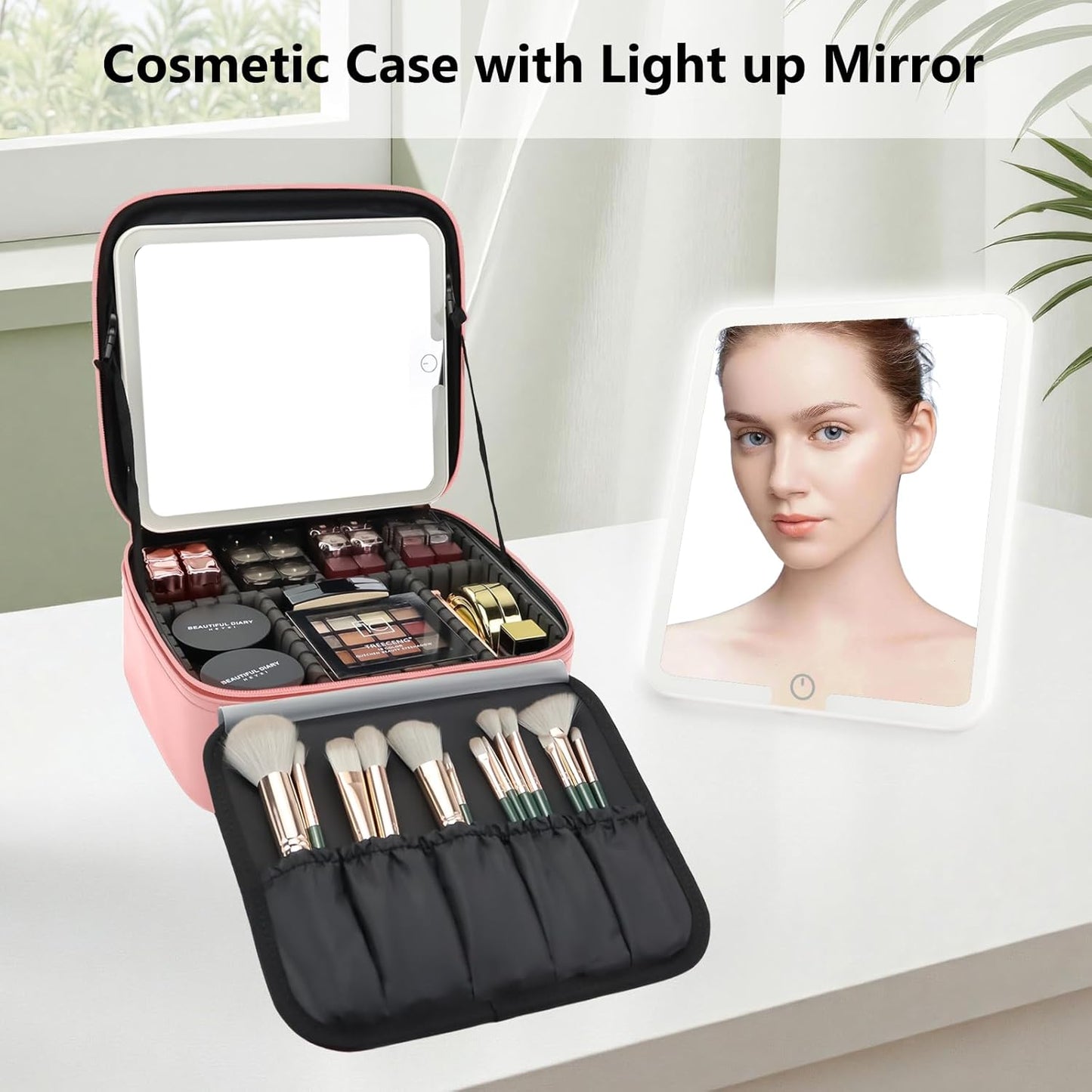 Travel Makeup Bag with LED Mirror Travel Makeup Organizer with 3 Lighted Settings, Adjustable Dividers and Makeup Brush Storage Bag Pink