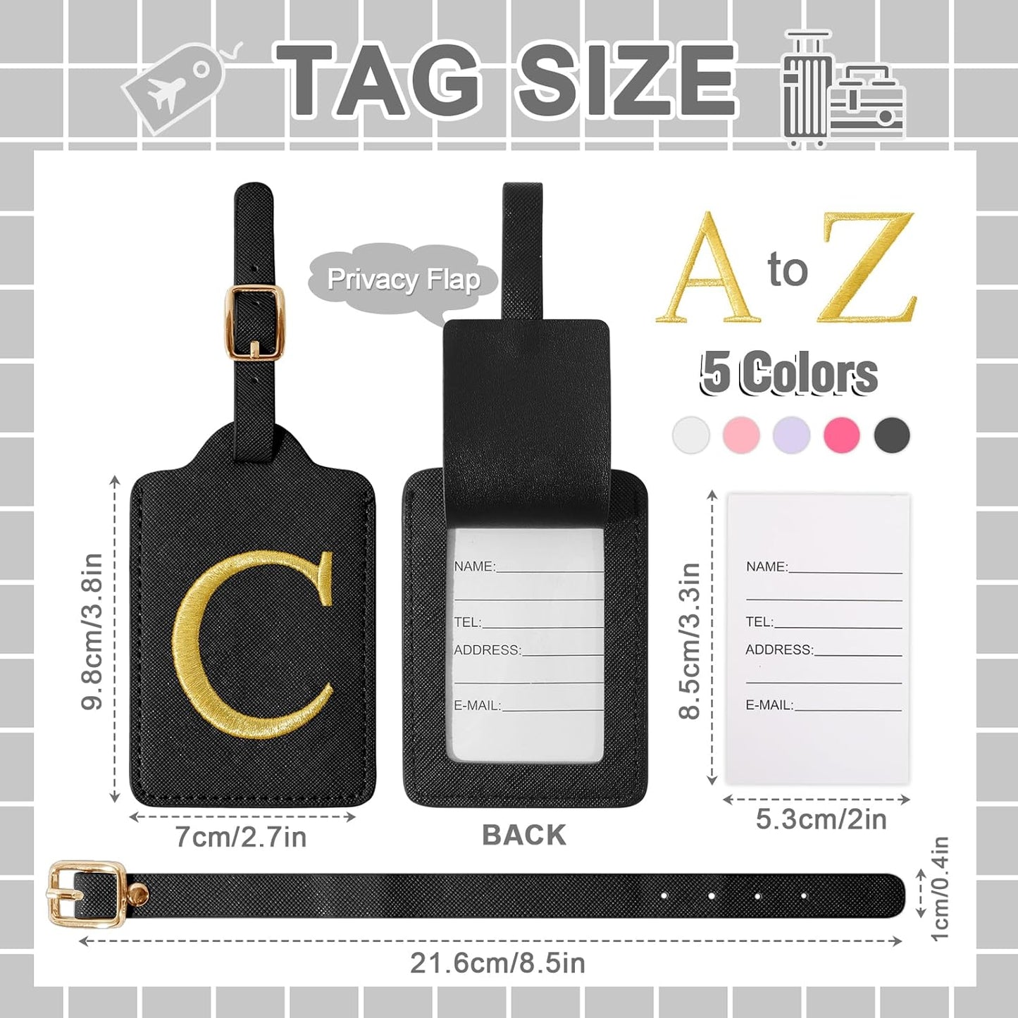 Personalized Initial Luggage Tags for Suitcase TSA Approved, Black Leather Cute Luggage Tag with Privacy Cover Name Card, Embroidered Custom Luggage Tags Travel Backpack Tags Gifts for Women Kids(C)