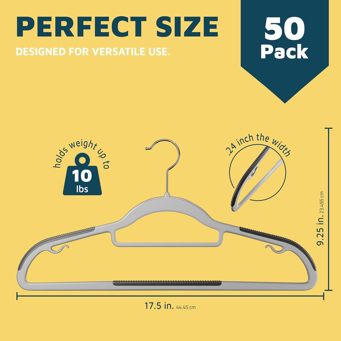 Lifemaster Plastic Clothes Hanger Set - 50 Pieces Versatile, Lightweight, Space-Saving, Non-Slip, Slim Designed, Dry and Wet Clothes Hanger Set with 360° Swivel Hook and Rubber Coating - Gray