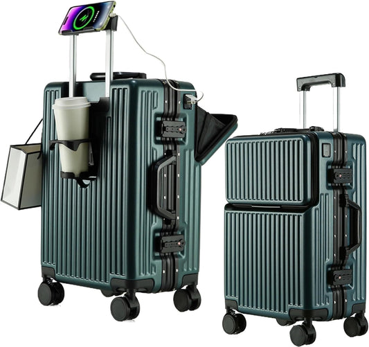 2-Piece Hardshell Zipperless Luggage Set, 20/26" Aluminum Frame Hardshell Spinner Luggage, Airline Approved Carry-On Luggage, TSA Lock, 360° Quiet Wheels With Cup Holder (green)