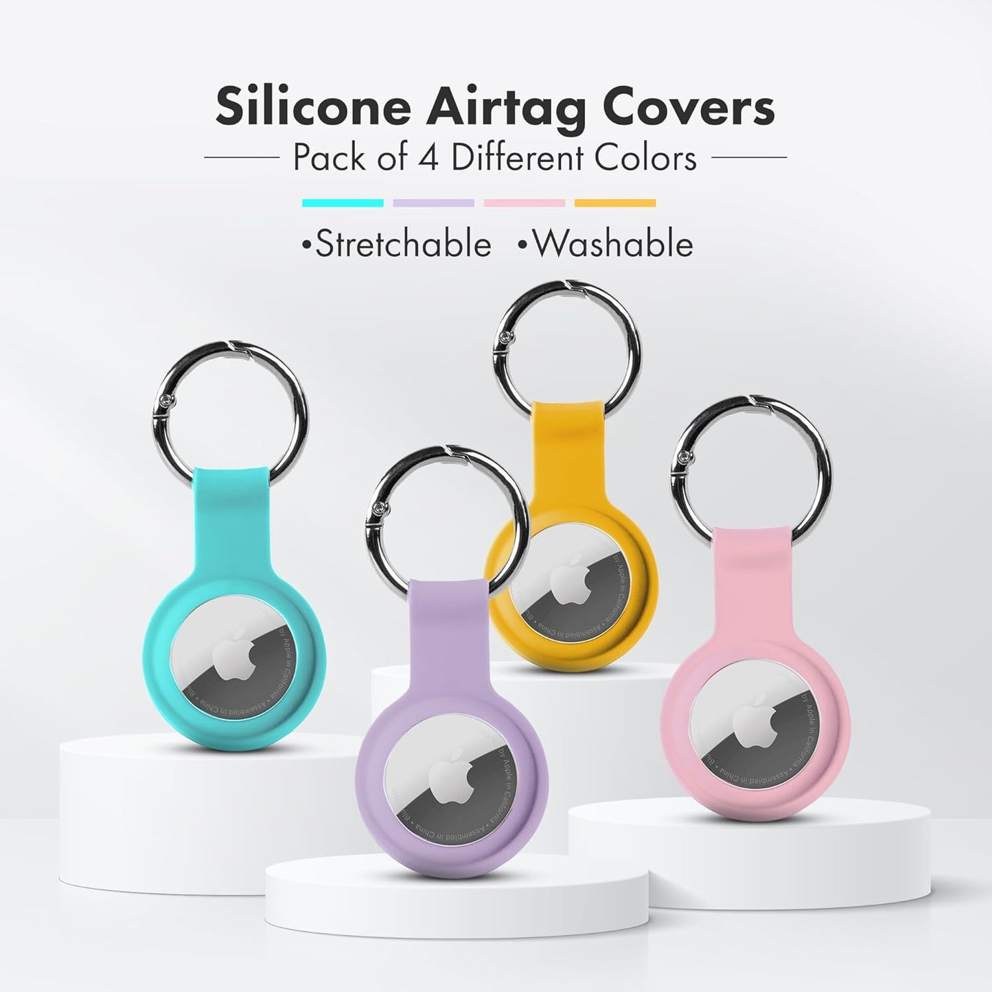Apple AirTag Holders 4 Pack, Dustproof & Washable Cases, Silicon Covers with Accessories for Wallets, Luggage, Pet Collars, Key Finders (Teal - Purple - Yellow - Pink)