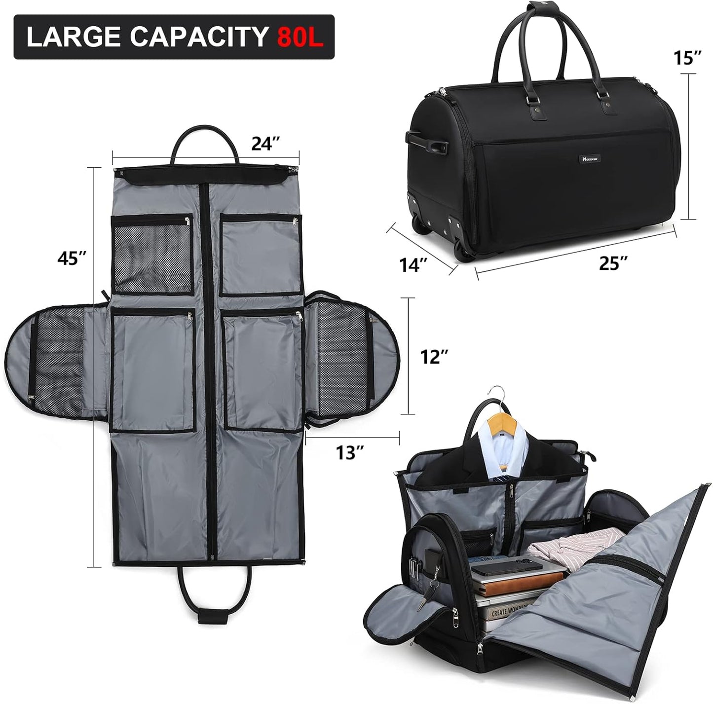 Modoker Rolling Garment Bags, Large Garment Duffle Bag with Wheels, 3 in 1 Garment Suit Luggage Bag for Women Men Business Travel Weekender, Black