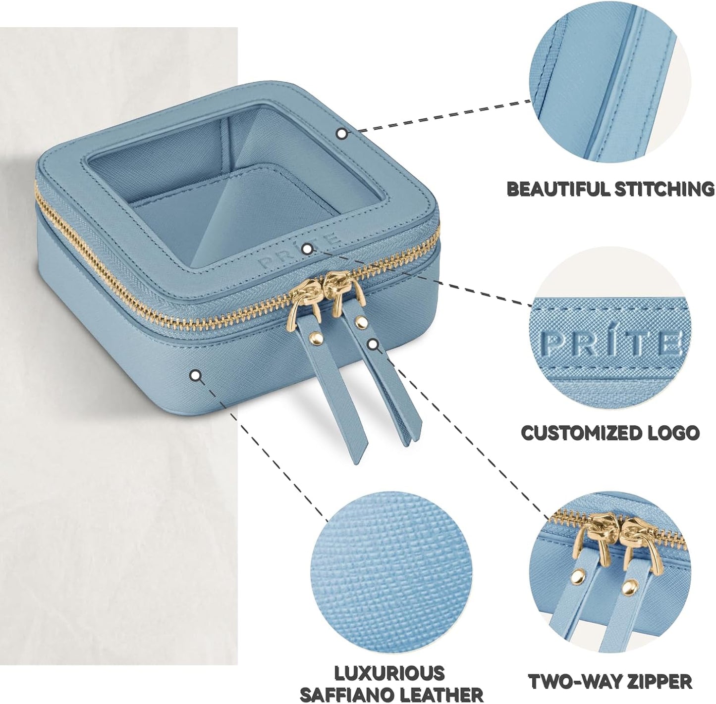 Prite Small Makeup Bag for Women Portable Clear Makeup Bag Cute Mini Waterproof Travel Cosmetic Bag with Gold Zipper for Car Essentials(Blue)