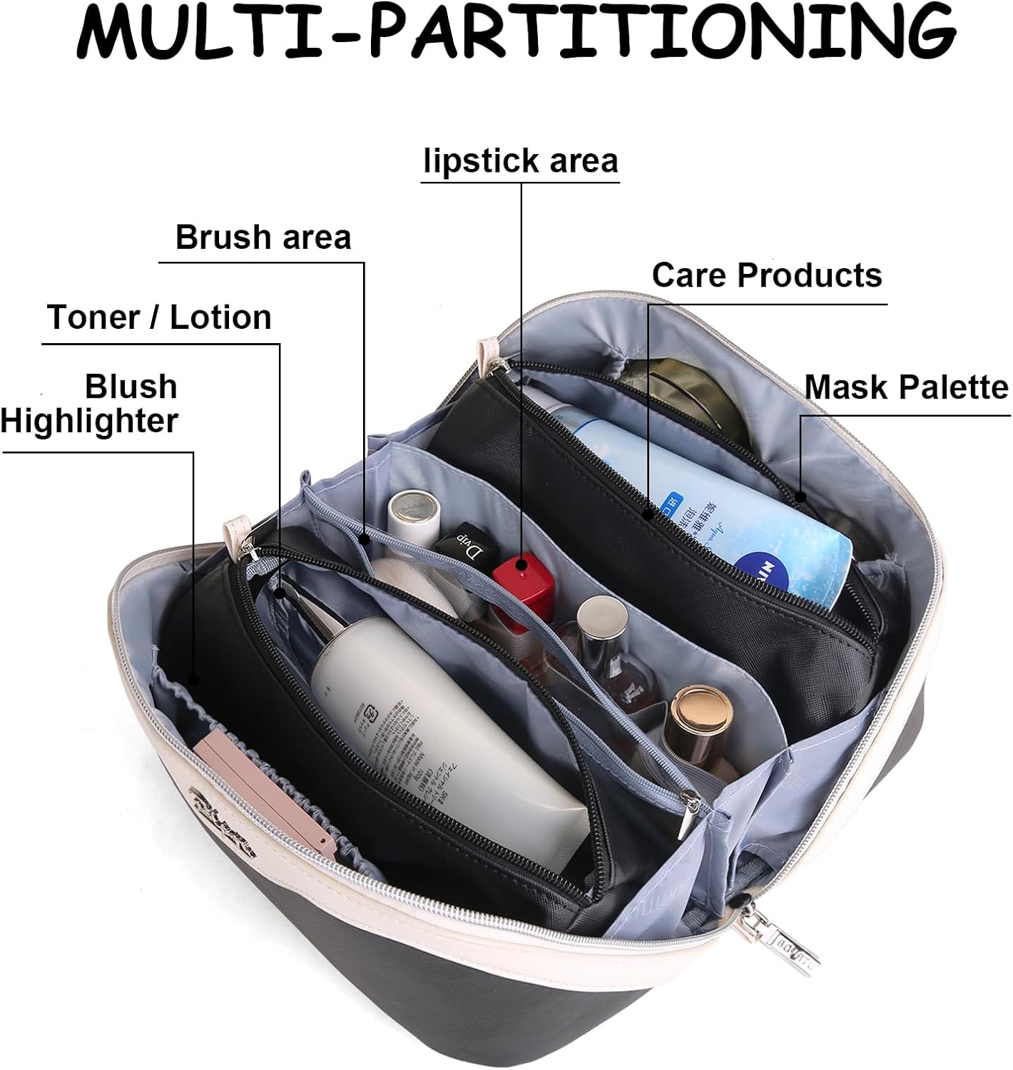 BOYATU Travel Makeup Bag Organizer Cosmetic Bag: 3 Pcs Set Make up Bags for Women with Handle - Waterproof Vegan Leather Toiletry Bags with Comparments (D-03-Black)