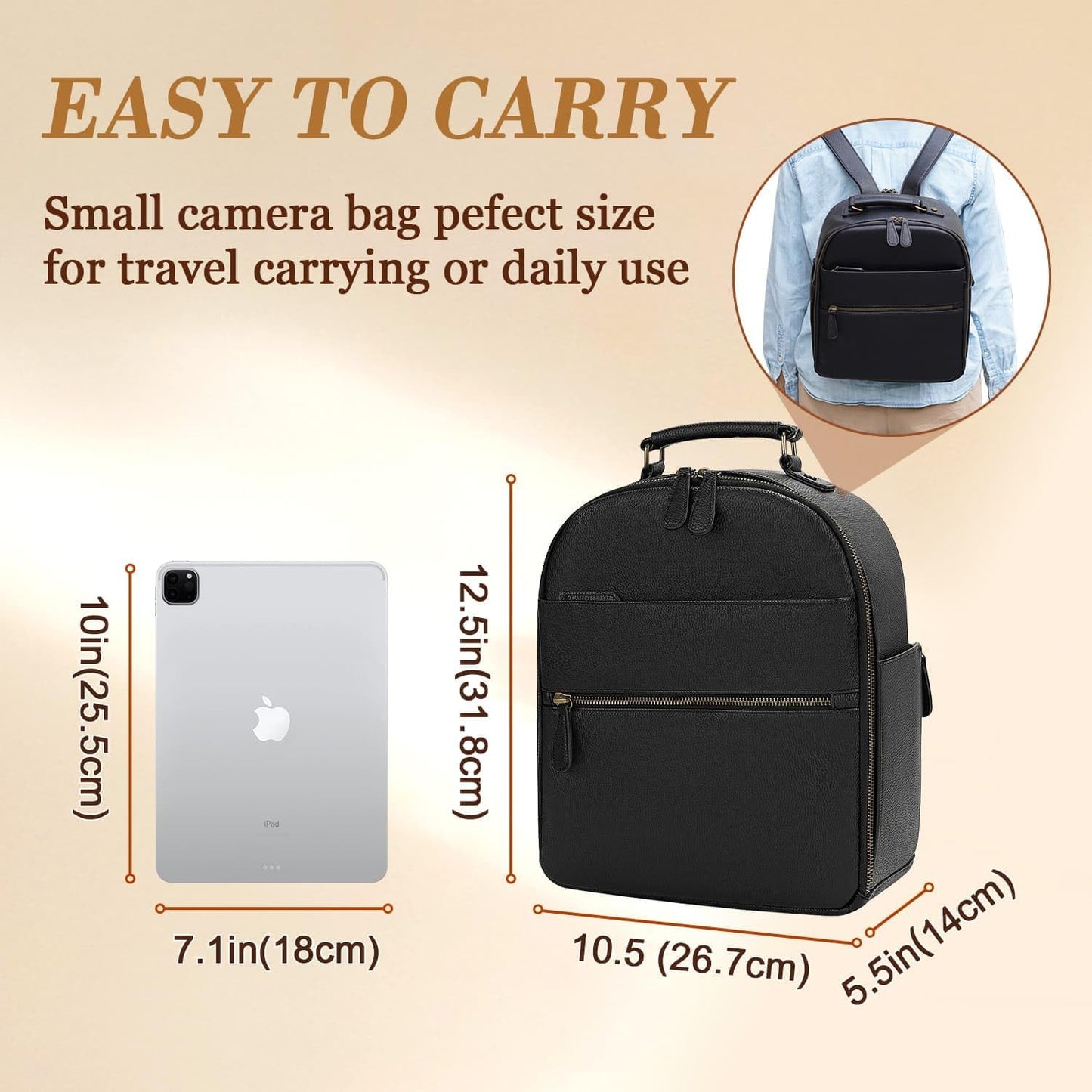 Small Camera Backpack, Classic PU Leather with 11 Inch Pad/Tablet Compartment, Professional Camera Bag for Photographers for DSLR, 10L Black