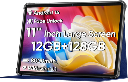 2025 Upgraded Android 14 Tablet, 11inch Tablet PC,Support Face Unlock, Octa-core CPU,12GB+128GB+1TB Expand, 8000mAh Big Battery, 18W Fast Charging, WiFi6, BT5.0,Touchscreen Display Tableta with Case