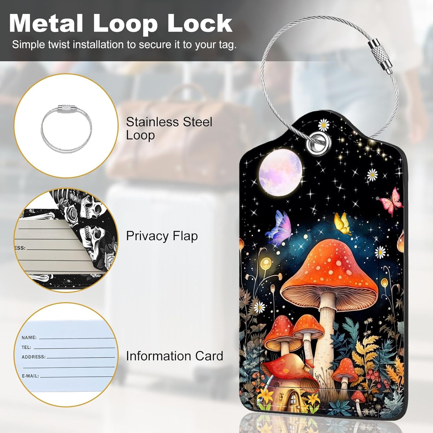 2Pack Luggage Tags for Suitcases, Cute Unique Pu Leather Cruise Luggage Tag with Privacy Cover ID Label Address Card and Metal Ring Suitable for Women Men Kids Travel Bag Mushrooms and The Moon