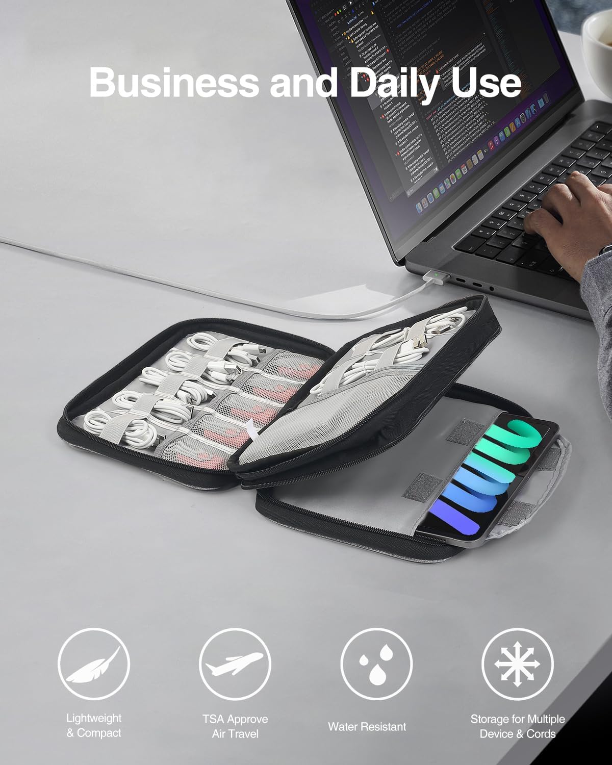 Luxtude Electronics Organizer, Portable Cable Organizer Bag for iPad 7.9'', Double Layer Travel Tech Bag&Cord Storage, Compact Cord Case&Charger Pouch,Electronics Carring Case for Phone/USB