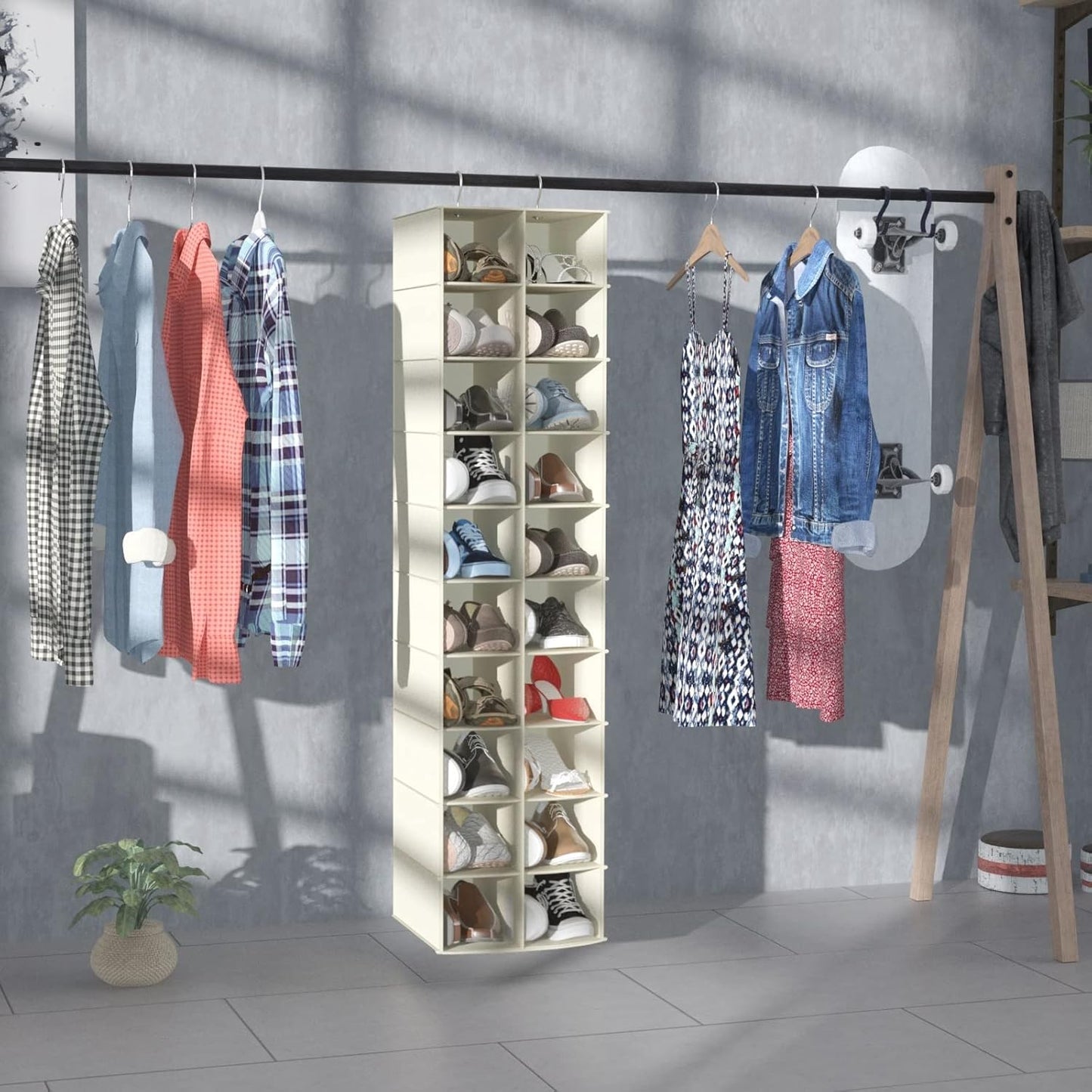 coastal rose Hanging Shoe Organizer for Closet, 20 Sections Hanging Closet Organizers and Storage Shelves, Space Saving Shoe Storage Rack Holder, Beige, 12''W×12''Dx 50''H