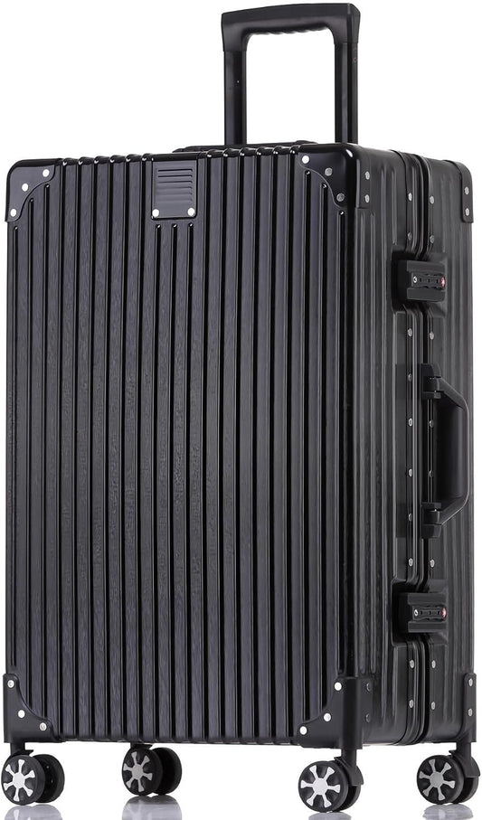 HotWay 24 Inch Checked in Luggage with Aluminum Frame,PC Hard Shell Suitcase with Spinner Wheels and TSA Lock, Large Suitcase for Travel, Black