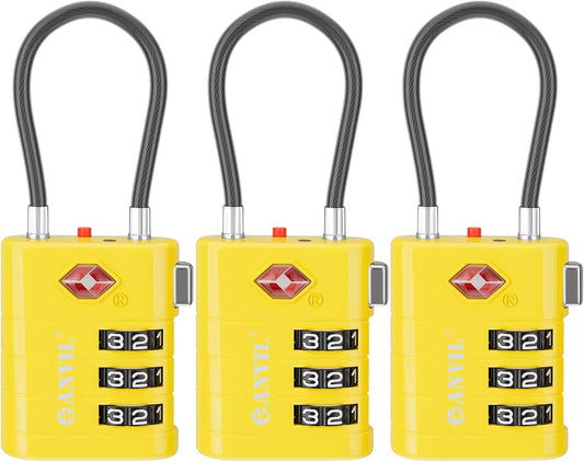 ANVIL TSA Approved Luggage Locks – High Security TSA008 Combination Travel Locks with Inspection Indicator for Suitcases and Backpacks. (3, Yellow)