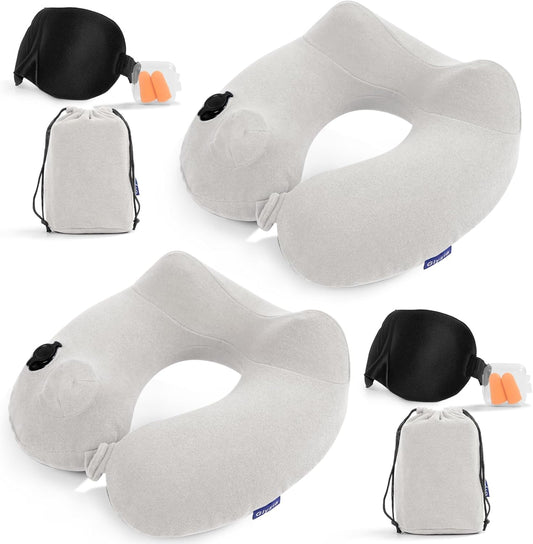 2 Pack Inflatable Travel Neck Pillows for Airplanes, Head Support Velvet Adult Neck Pillows for Long Flight, Kit with Eye Mask, Earplugs and Storage Bag, 2, Light Gray