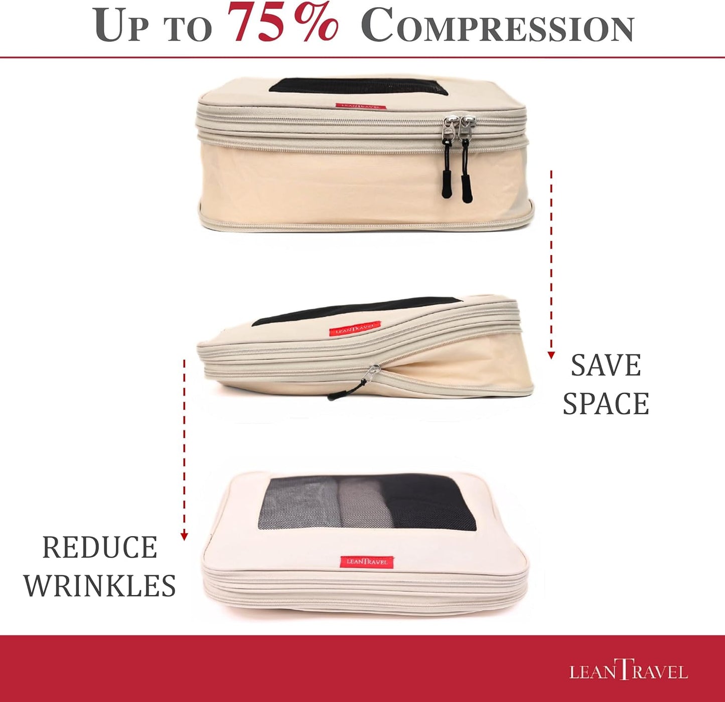 LeanTravel Compression Packing Cubes for Travel Organizers with Double Zipper (3-Pack (2L+1M), Sand)