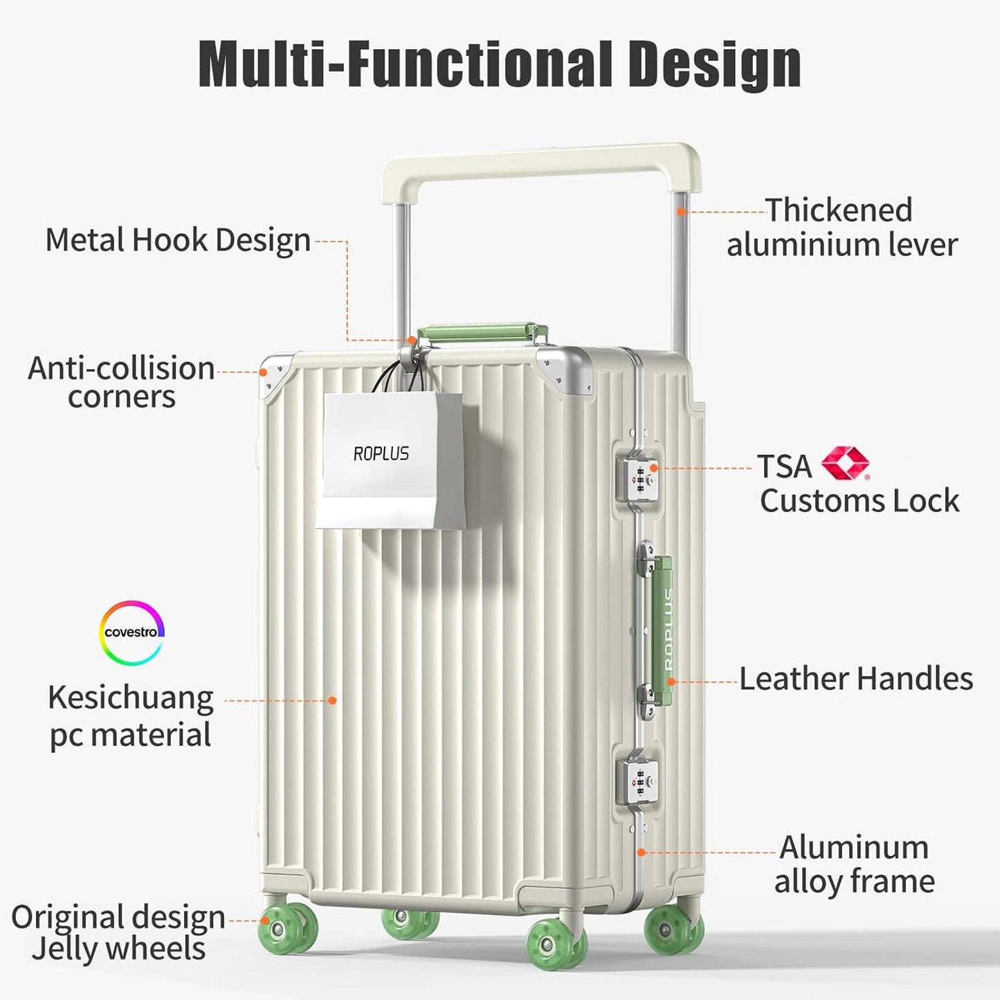 Aluminium Frame Checked-Luggage with Smooth Jelly Wheels, Hardside Zipperless Rolling Suitcase with TSA Lock (WhiteGreen, 24-Inch)