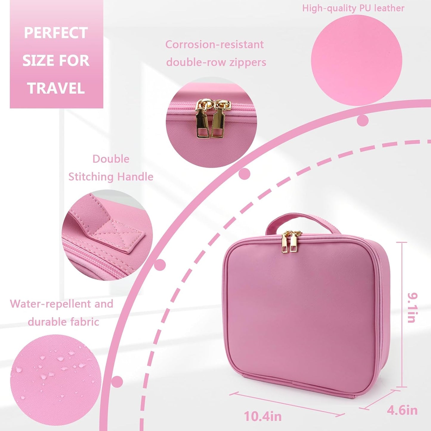 Travel Makeup Bag for Women and Makeup Artists Cosmetic Organizer Large Makeup Case,Travel Makeup Bag with Mirror 3 Color Setting,Portable Storage and Adjustable Dividers(Dark Pink)