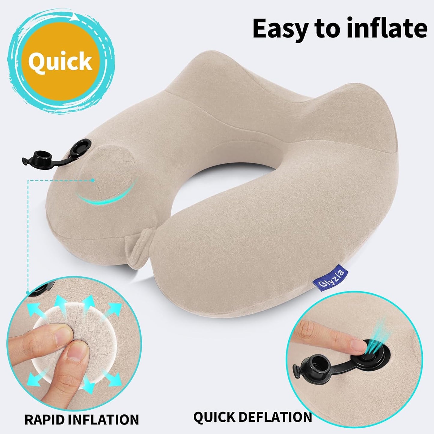2 Pack Inflatable Travel Neck Pillows for Airplanes, Head Support Velvet Adult Neck Pillows for Long Flight, Kit with Eye Mask, Earplugs and Storage Bag, 2, Beige