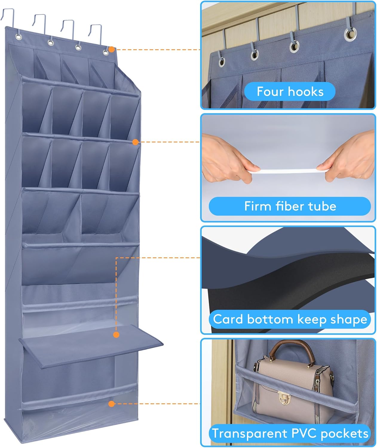 Over The Door Shoe Organizer with Large Deep Pockets Hanging Multifunction Shoe Holder for Narrow Door Dorm Closet, Grey 16 Pockets