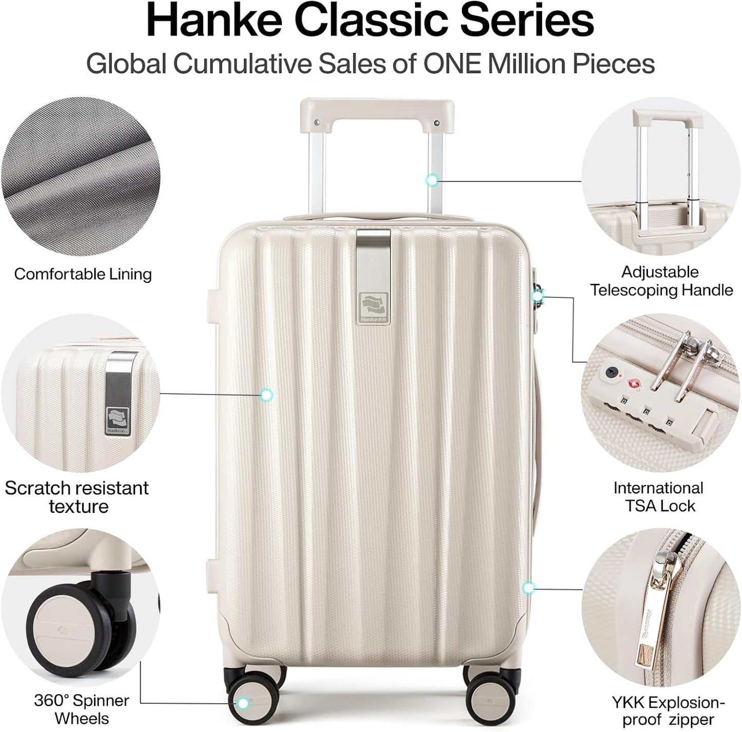 Hanke 24 Inch Luggage Suitcases With Spinner Wheels Lightweight PC Hard Shell Rolling Suitcase With Travel Lock,Checked-Medium 24-Inch(Ivory White)