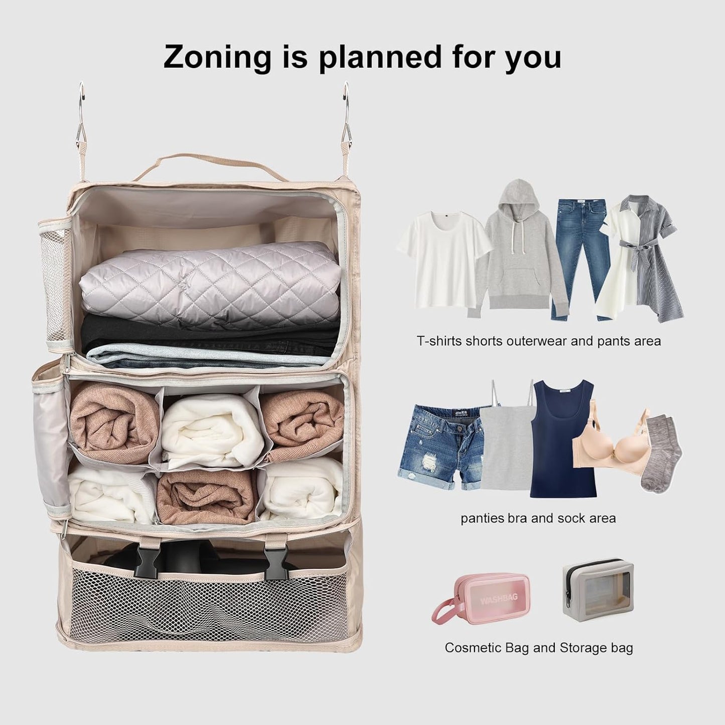 TABITORA Travel Portable Hanging Shelves Closet Organizer Packing Luggage Storage with Multifunctional and Foldable Invisible Compartment,Lightweight, for Suitcase, RV,Closet…Beige,XXL