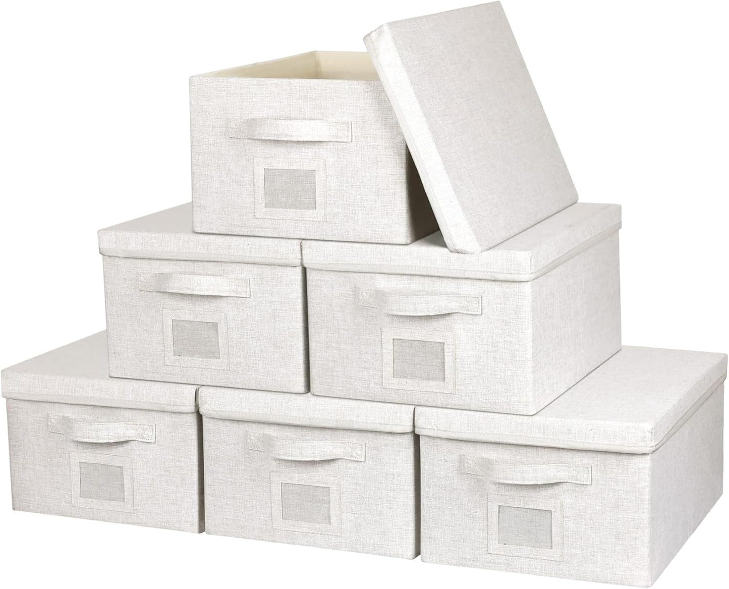 Large 17''x12'' Quart Collapsible Stackable Storage Bins with Lids, 6 Packs Off White Fabric Closet Boxes with Lids, Storage Cube Baskets Container Organizers for Bedroom Office(17''x12.2x''8'')