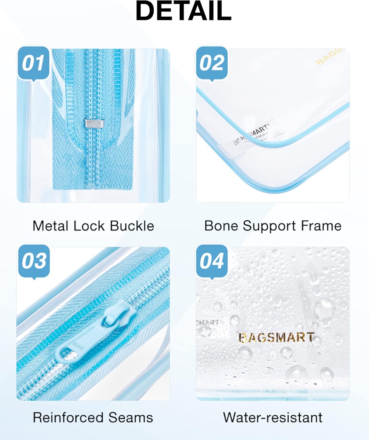 BAGSMART Clear Toiletry Bag, 3 Pack TSA Approved Travel Toiletry bag Carry on Travel Accessories Bag Airport Airline Quart Size Bags Water Repellent Makeup Cosmetic Bag for Women (Blue-3pcs)