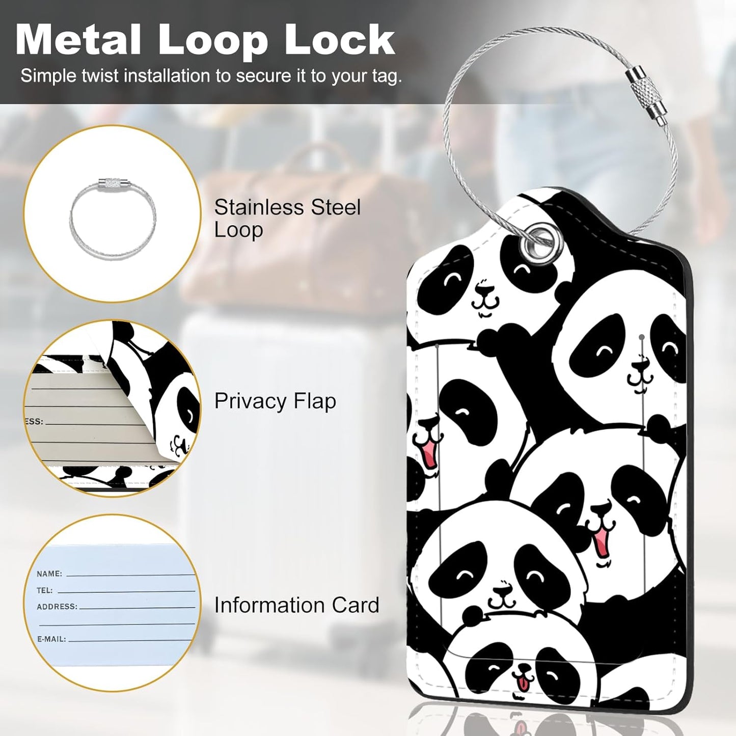 2Pack Luggage Tags for Suitcases, Cute Unique Pu Leather Cruise Luggage Tag with Privacy Cover ID Label Address Card and Metal Ring Suitable for Women Men Kids Travel Bag Silly Cat Face