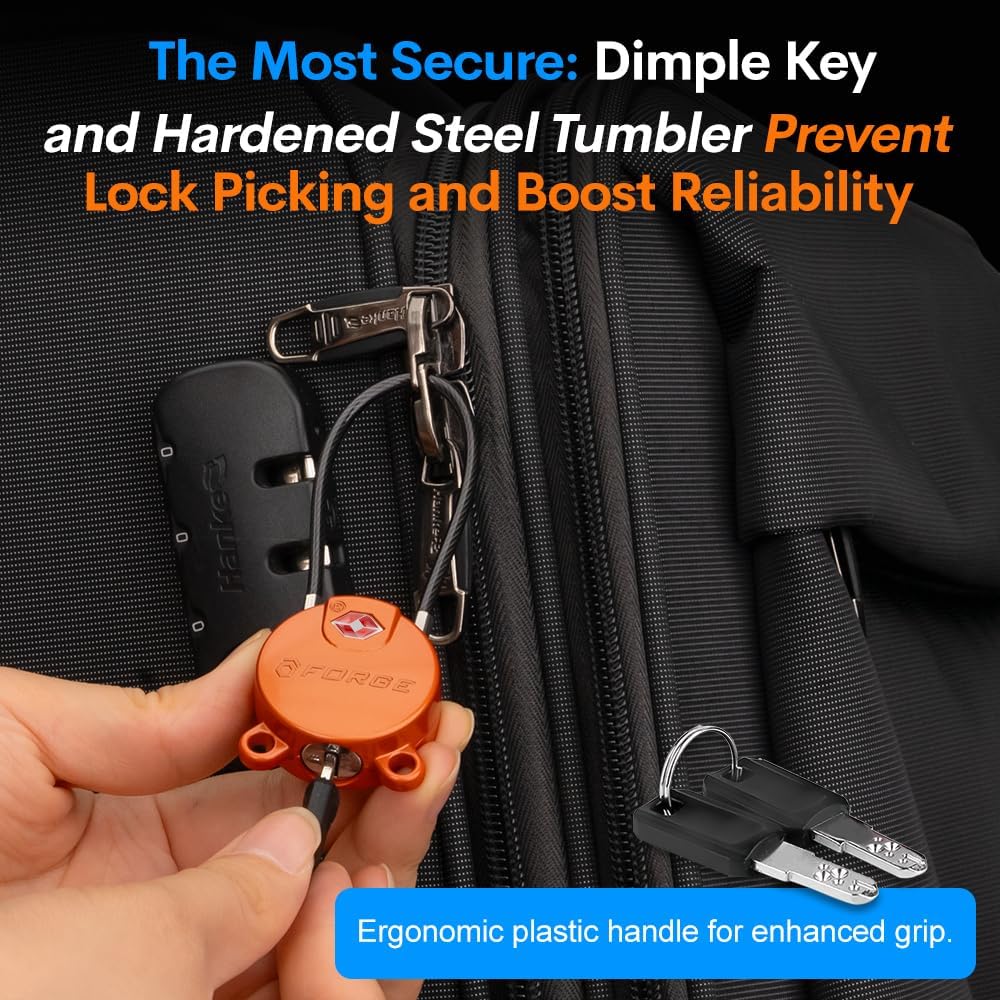 Forge TSA Approved Luggage Locks Ultra-Secure Dimple Key Cable Locks for Travel with Zinc Alloy Body- 2 Orange Locks