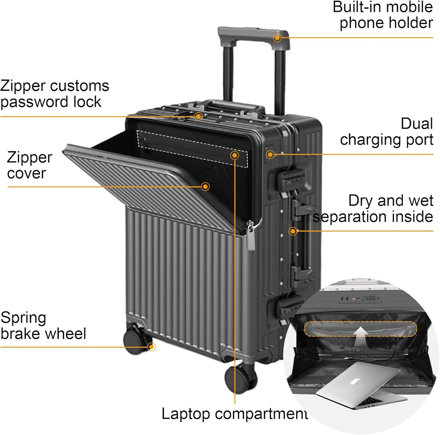 2-Piece Hardshell Zipperless Luggage Set, 20/26" Aluminum Frame Hardshell Spinner Luggage, Airline Approved Carry-On Luggage, TSA Lock, 360° Quiet Wheels With Cup Holder (grey)