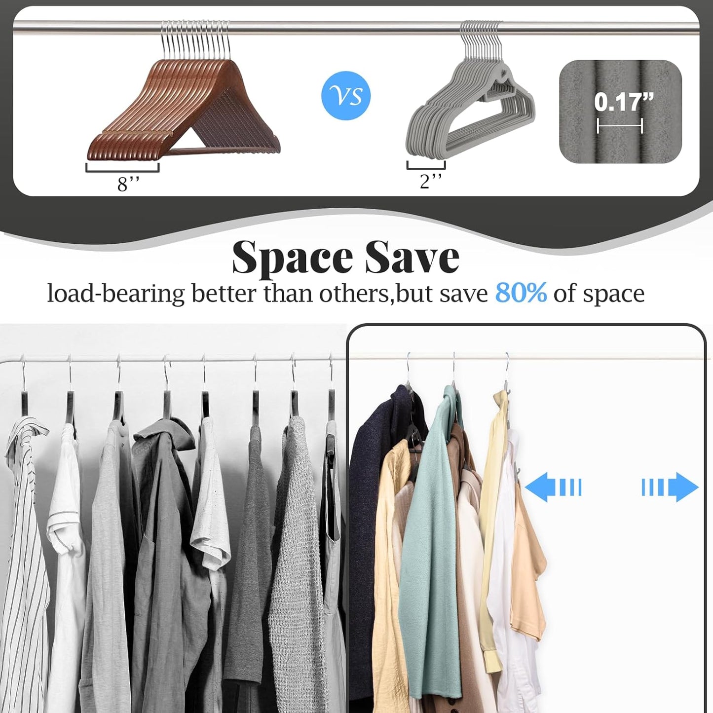 Velvet Felt Stackable Hangers 50 Pack, Non Slip, with 360° Swivel Hook, Ultra Thin and Space Saving for Suits, Shirts, Coats, 15Lbs Capacity Heavy Duty, Gray