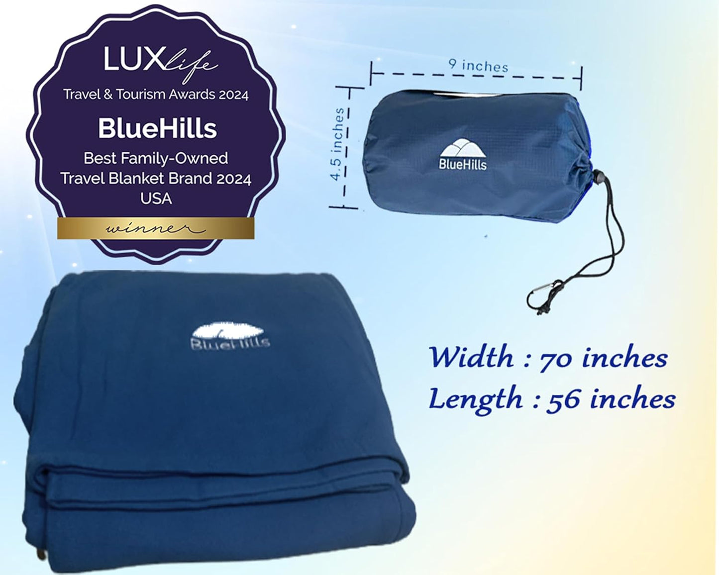 BlueHills Ultra Compact Travel Blanket 2 Pack Large Soft Cozy Portable Blanket Sheet with Carry Case and for Flight Airplane Car Layover Camping Hotel Blue C203-2PK-Navy