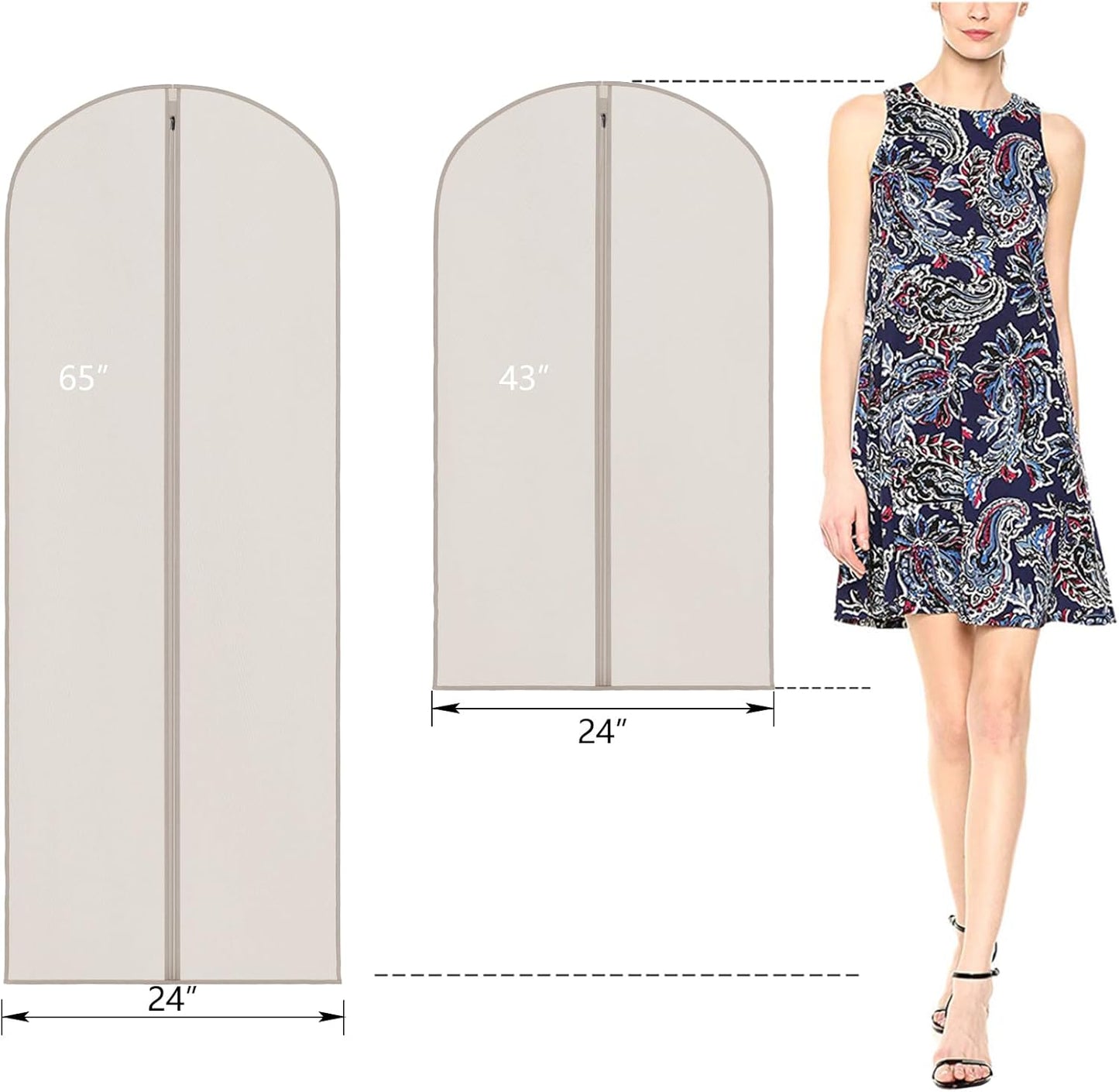 Zilink 65'' Dress Bags for Gowns Long Clear Garment Bags for Hanging Clothes Foldable Dress Covers Garment Bag for Closet Storage and Travel - Beige, 3 Pack
