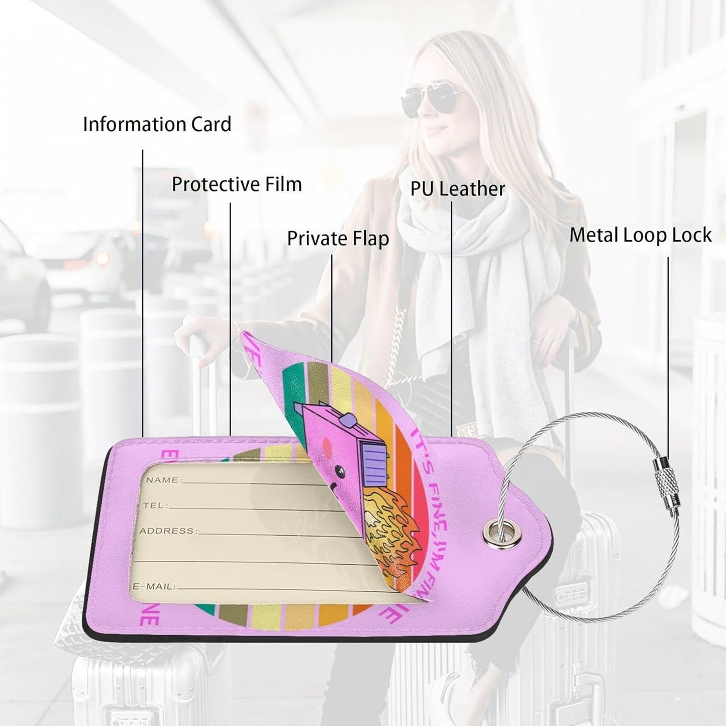 2 Pack Luggage Tags for suitcases Cute Pink Trash on fire I'm Fine It's Fine Luggage Tag, Leather Stainless Steel Loop Label Tag for Men Women Travel Bag Suitcase(Pink Trash)