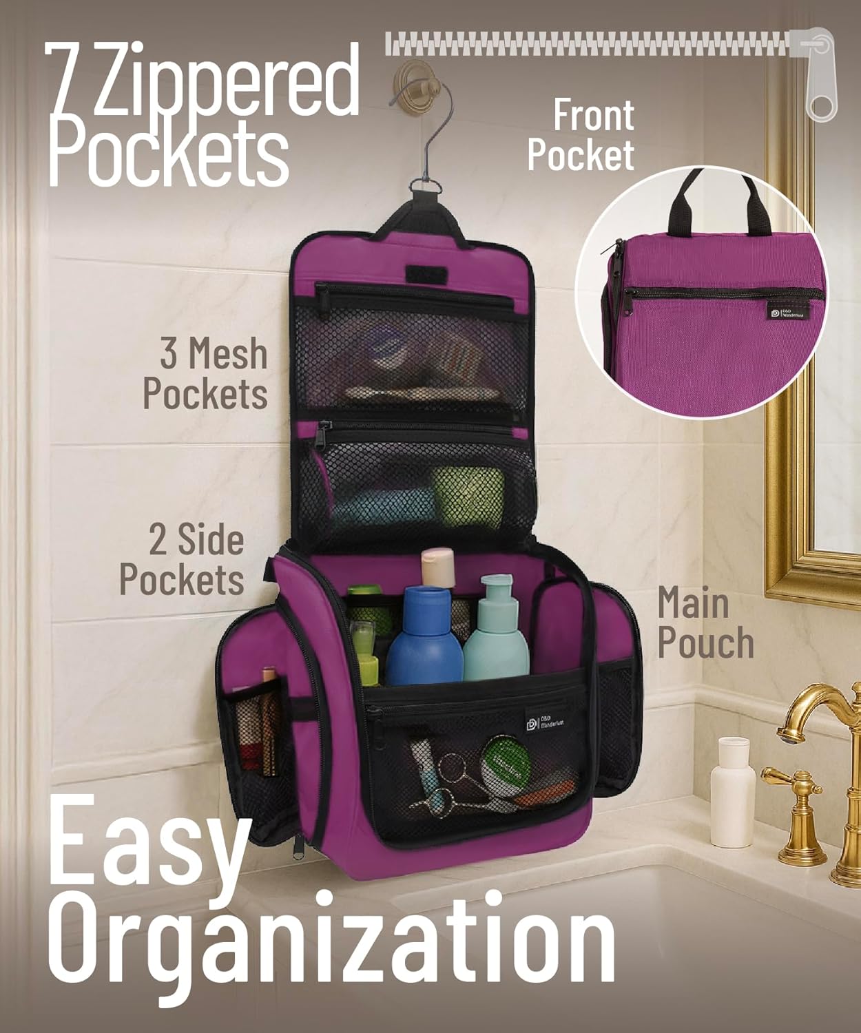 DD D&D Wanderlust D&D Hanging Travel Toiletry Bag for Men and Women – Cosmetics, Makeup and Toiletries Organizer Kit with 10 Compartments, YKK Zippers, XXL Metal Swivel Hook, Water-Resistant Nylon