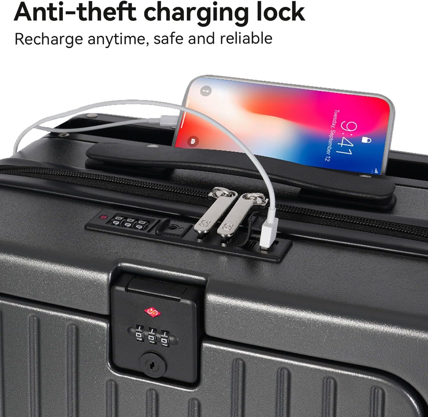 SOKOK Front Pocket Luggage Carry On with Spinner Wheels, Wide Handle Travel Suitcase PC Hardshell Durable Rolling Luggage for Business Trip with Charging Port and Cup Holder, Graphite