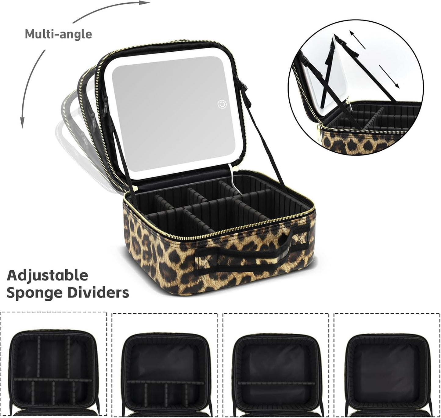 Makeup Bag with Light Up Mirror, Lighted Travel Makeup Organizer 3 Colors Adjustable Brightness, Makeup Bag with Mirror and Light, Travel Train Case Portable Cosmetic Bag for Women(Leopard)