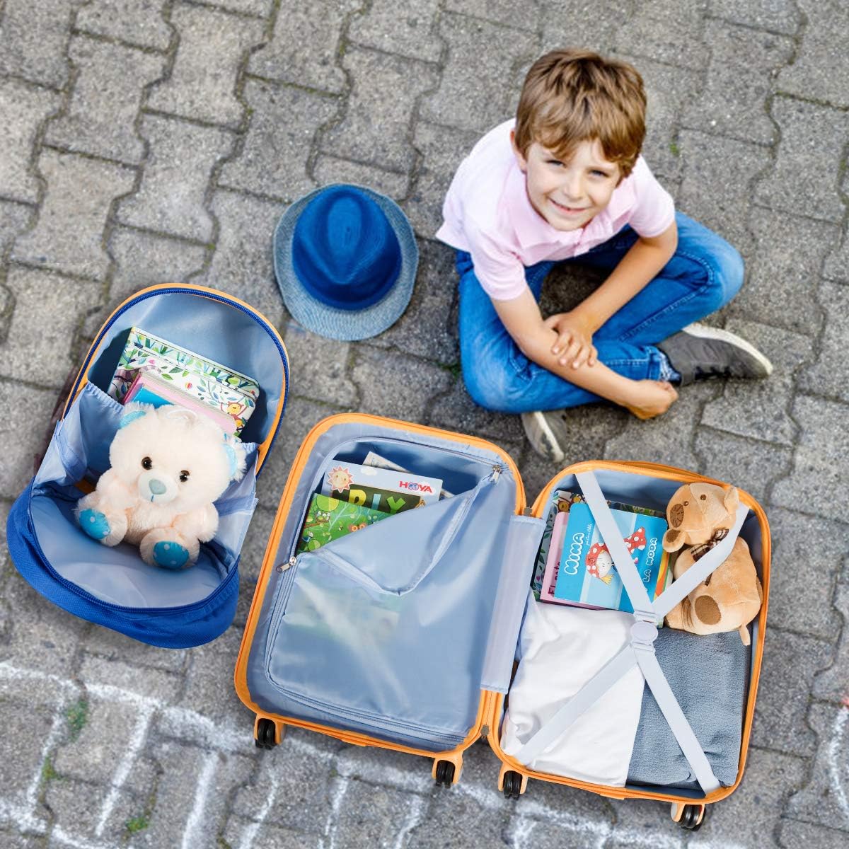 HONEY JOY Kids Luggage, 12" Toddler Backpack & 18" Travel Suitcase with Wheels, Lightweight Toddler Suitcase, Durable ABS Hardshell, 2Pcs Carry On Luggage Set for Boys Girls, Blue Astronaut