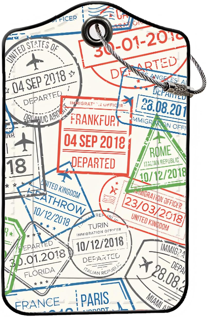 Luggage Tags for Suitcases, 2-Pack PU Leather for Cruise & Travel, Baggage ID Tags with Privacy Cover & Address Card, Durable Metal Ring, Kids Adults Travel Accessories, Global Stamps