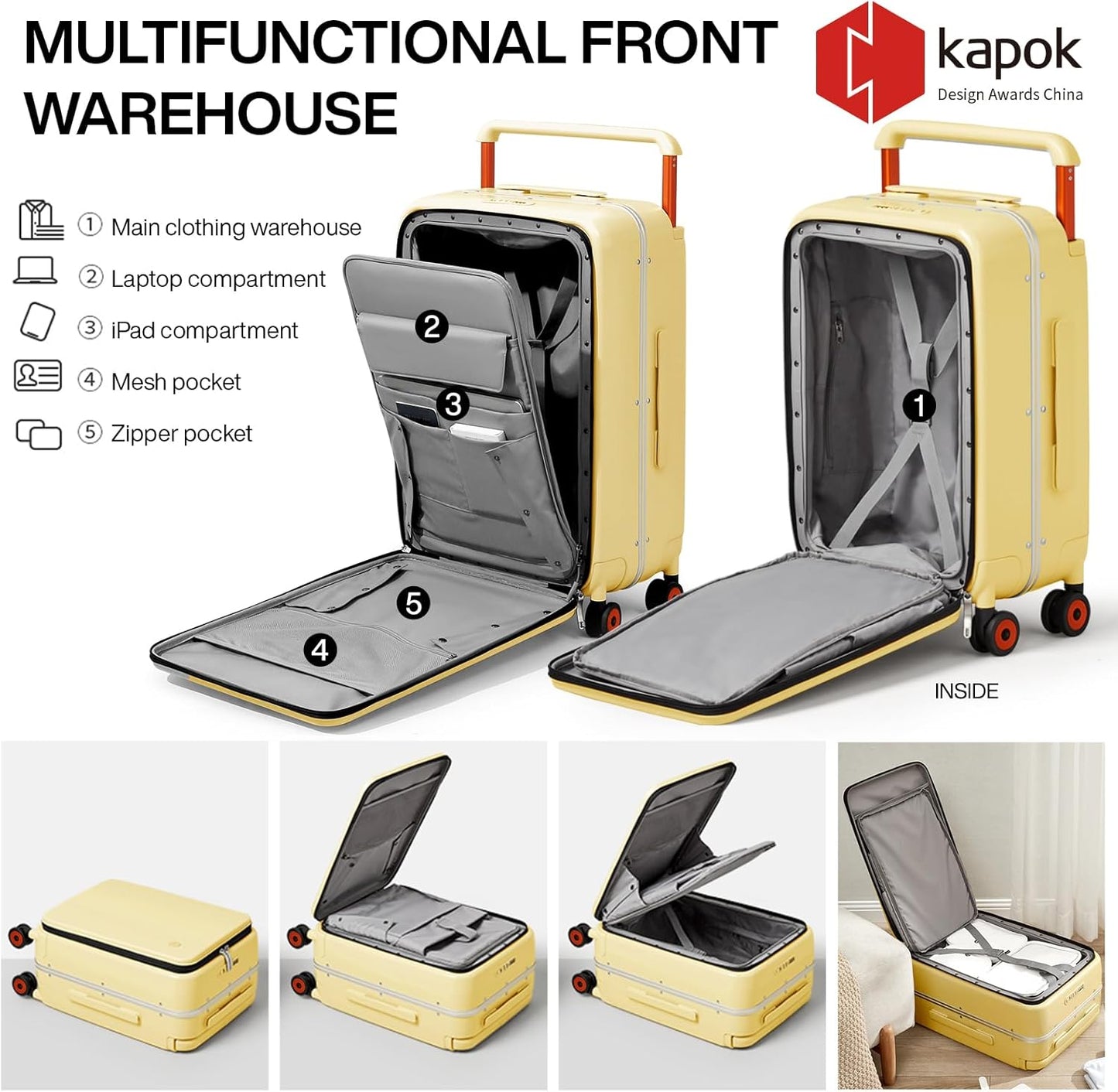 mixi Checked Luggage Wide Handle Luxury Design Rolling Travel Suitcase PC Hardside with Aluminum Frame Hollow Spinner Wheels, with Cover, 24 inch, Lark Yellow