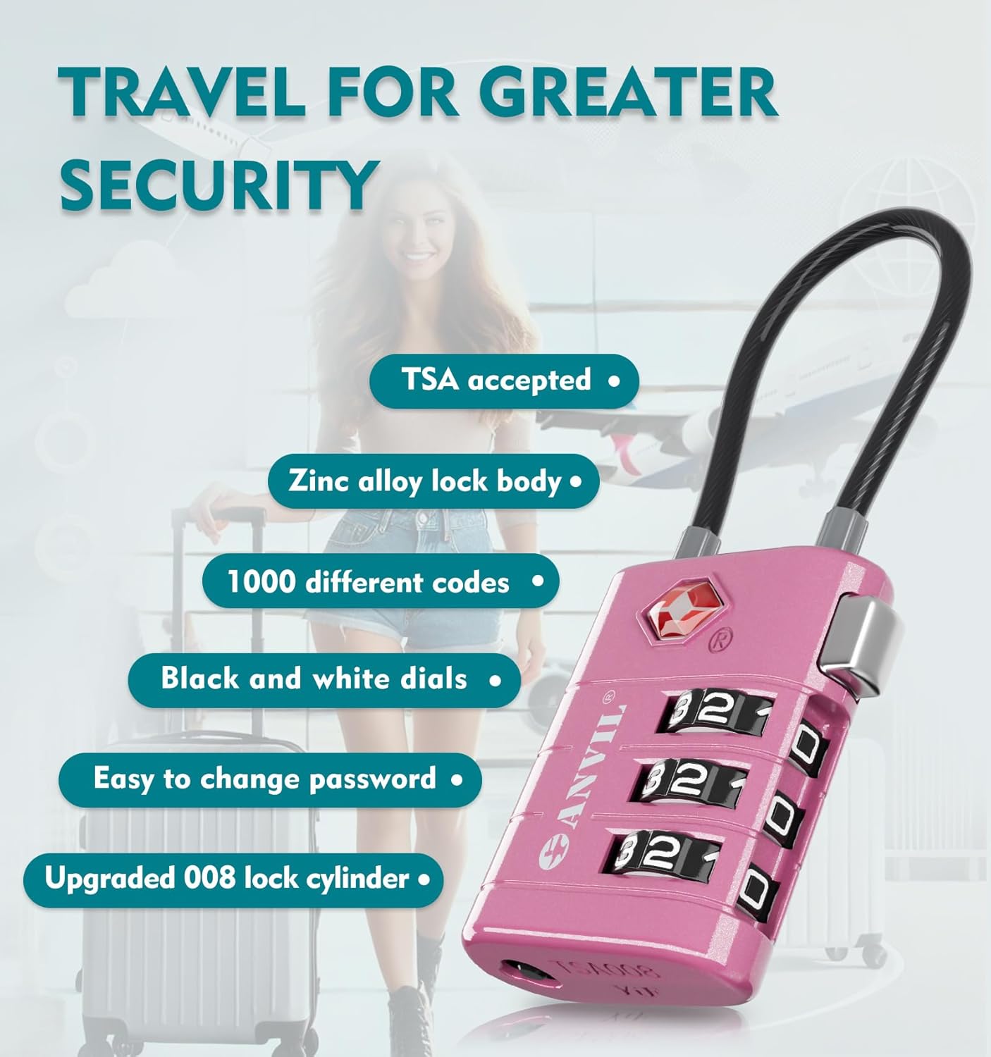 ANVIL TSA Approved Luggage Locks – High Security TSA008 Combination Travel Locks with Inspection Indicator for Suitcases and Backpacks. (4, Rose Purple)