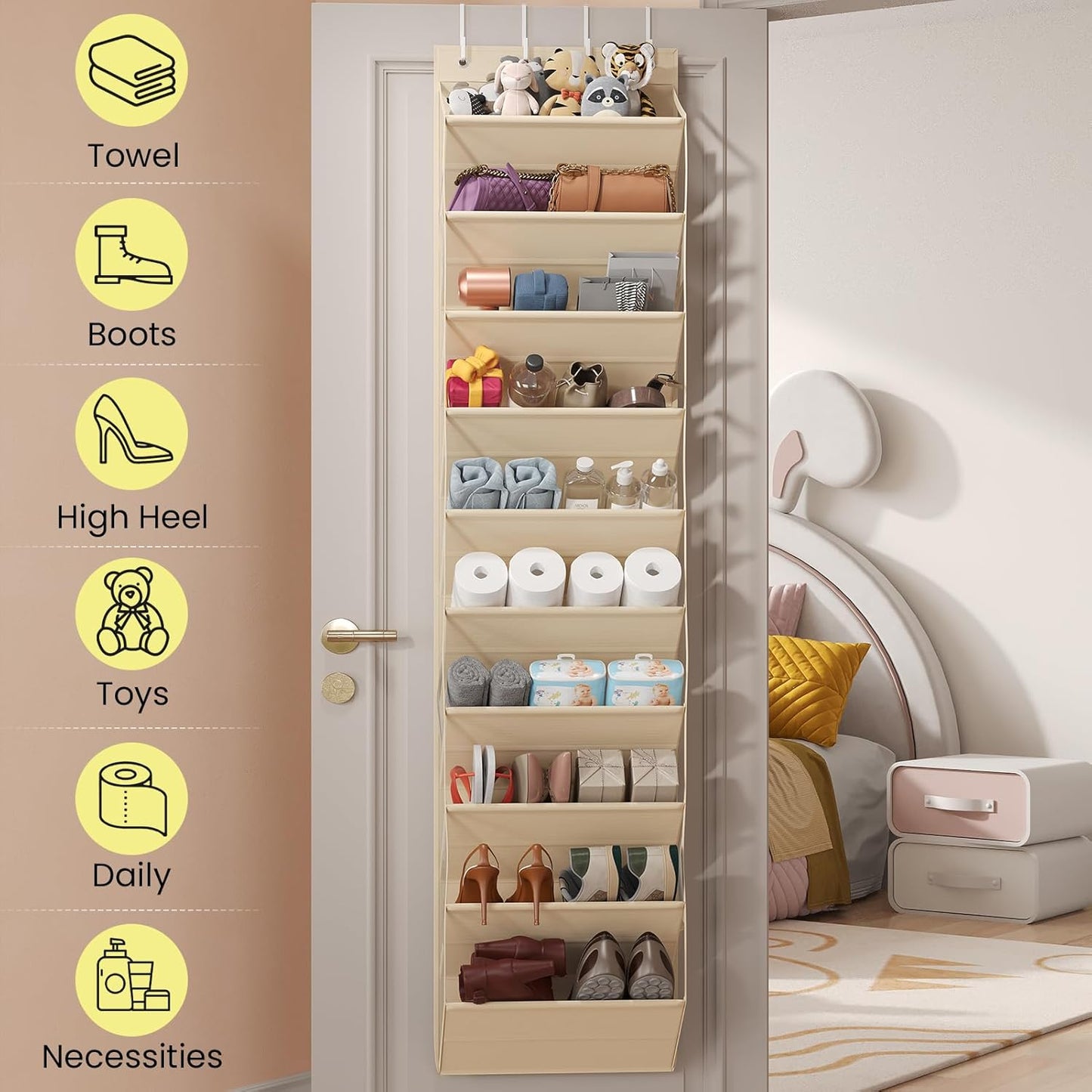 Over the Door Shoe Organizer for Closet, Shoes Rack with 10 Tier PVC Window Deep Pockets, Hanging Shoe Organizers for Boot Storage, Behind the Door Narrow Shoe Holder for Small Shoes, Beige