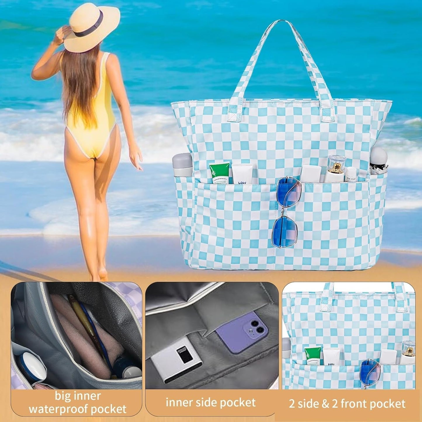 LEDAOU Large Beach Tote Bag Women Waterproof Sandproof Zipper Beach Tote Bag for Pool Gym Grocery Travel with Wet Pocket