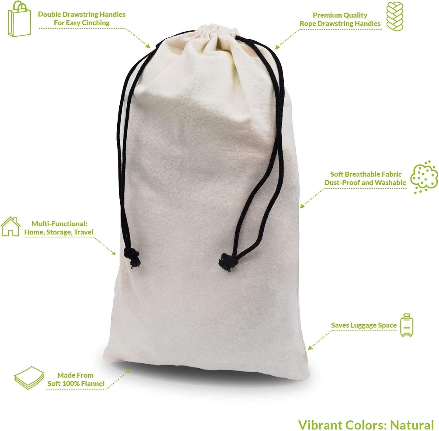 ZENPAC Travel Shoe Bag, Beige Duster Flannel Pouch Drawstring Closure, Washable Breathable Cotton Fabric for Cowboy Boot Storage, Luggage, 12x17, 2 Pack